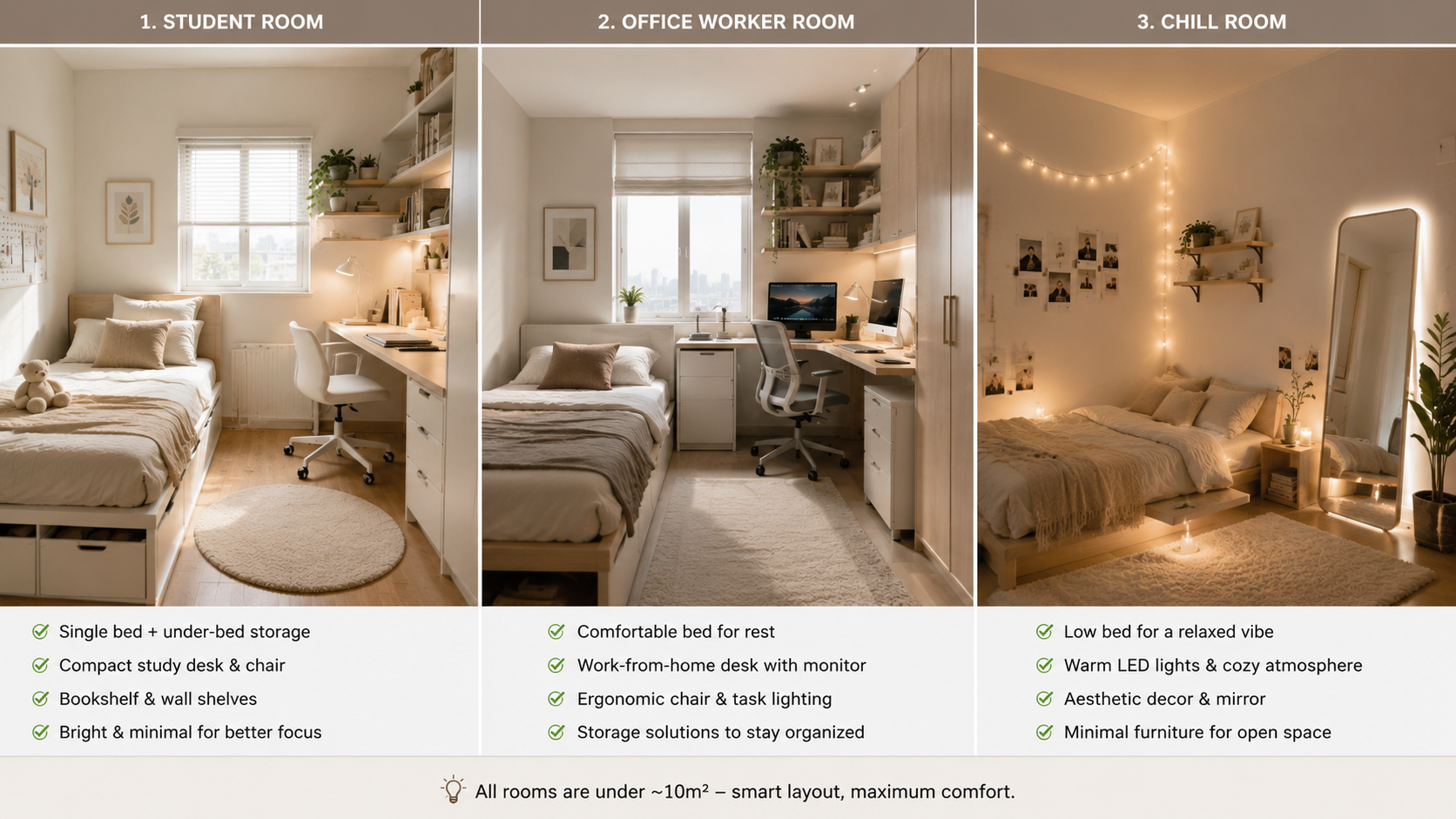 Ba ý tưởng bố trí phòng ngủ nhỏ 10m2 dành cho sinh viên nhân viên văn phòng và người yêu thích không gian thư giãn